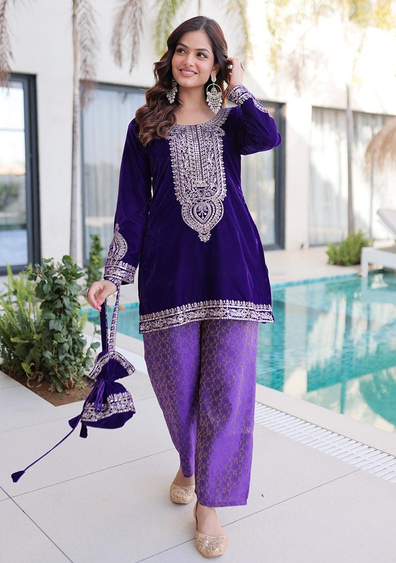 Purple Embroidery Velvet Kurta Set - Indya