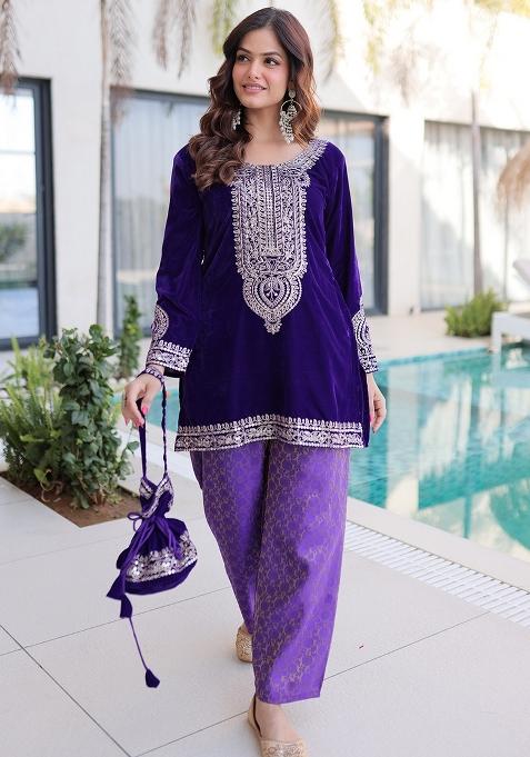 Purple Embroidery Velvet Kurta Set