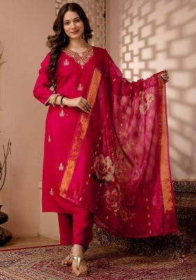 Red Embroidery Silk Kurta Set