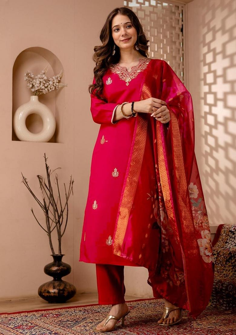 Red Embroidery Silk Kurta Set - Indya