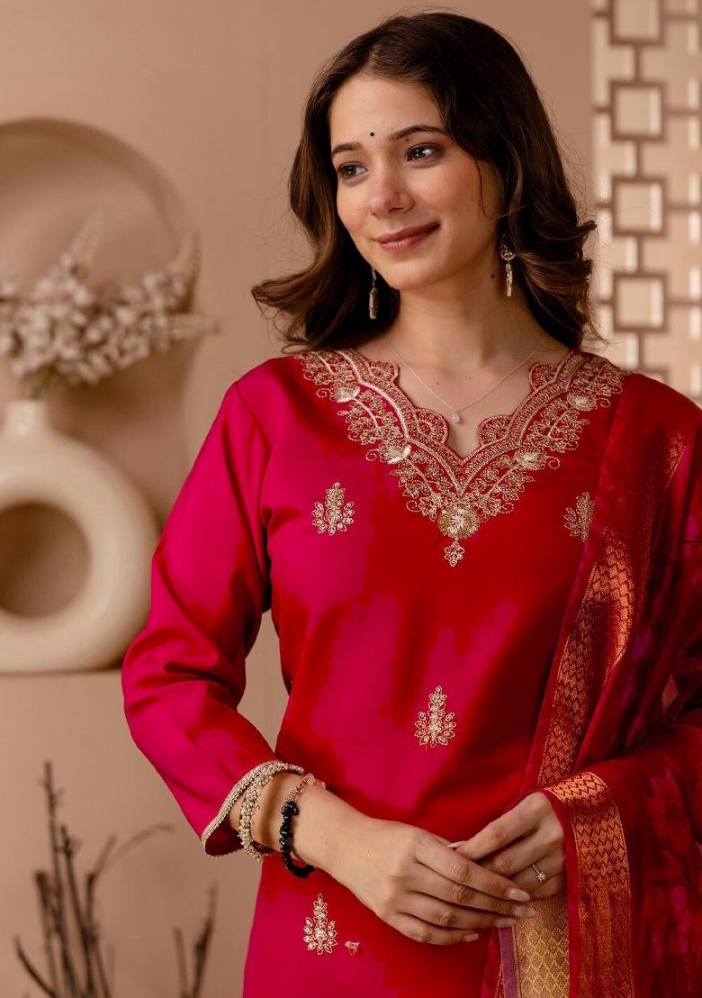 Red Embroidery Silk Kurta Set - Indya