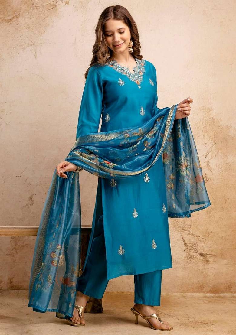 Sky Blue Embroidery Silk Kurta Set - Indya