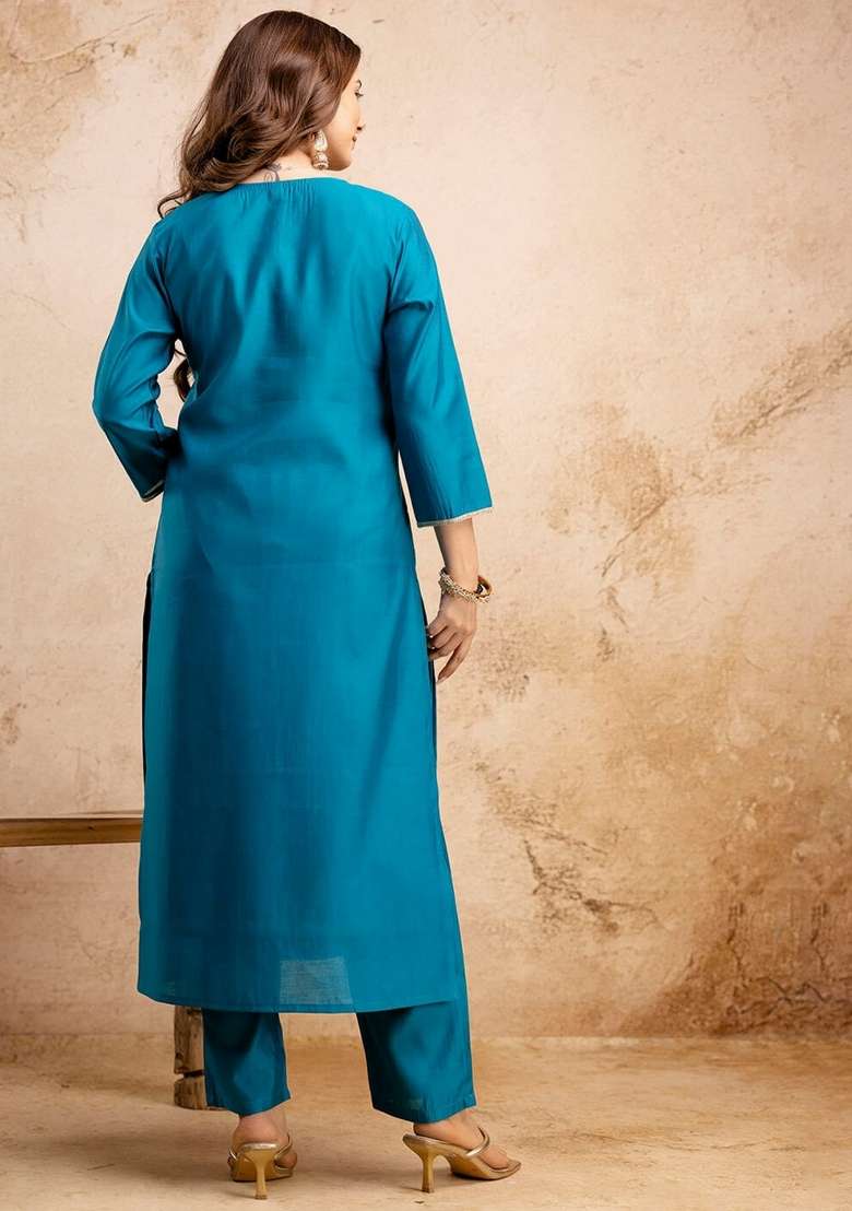 Sky Blue Embroidery Silk Kurta Set - Indya