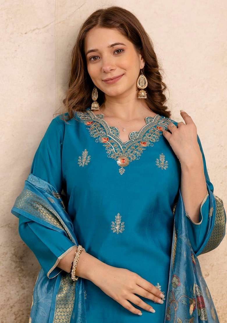 Sky Blue Embroidery Silk Kurta Set - Indya
