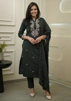 Green Embroidery Cotton Kurta Set