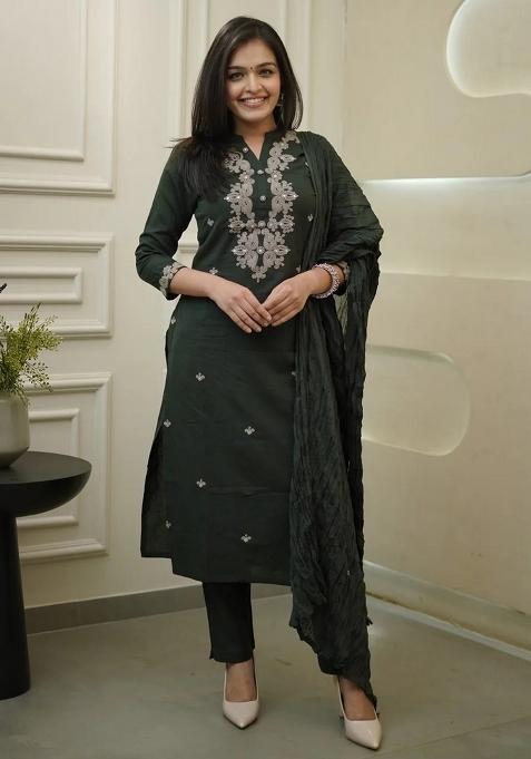 Green Embroidery Cotton Kurta Set