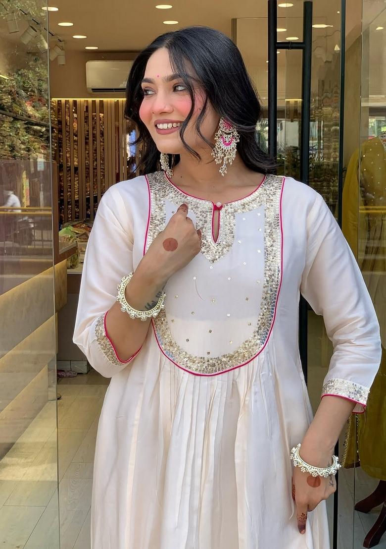 Cream Embroidery Cotton Kurta Set - Indya