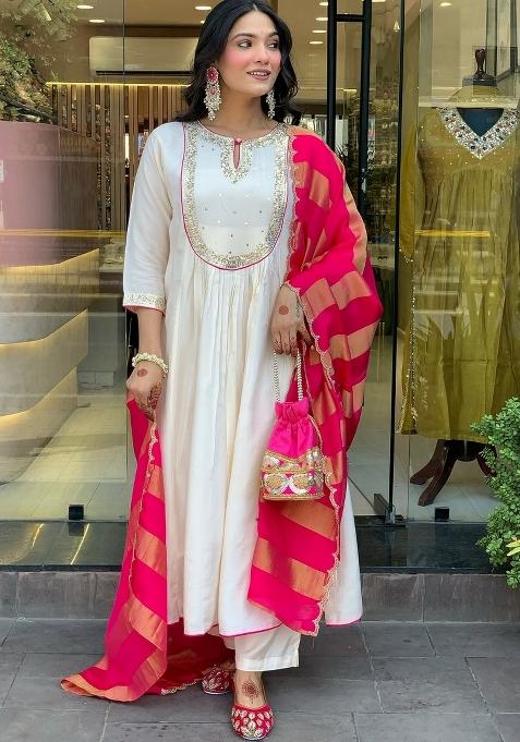 Cream Embroidery Cotton Kurta Set