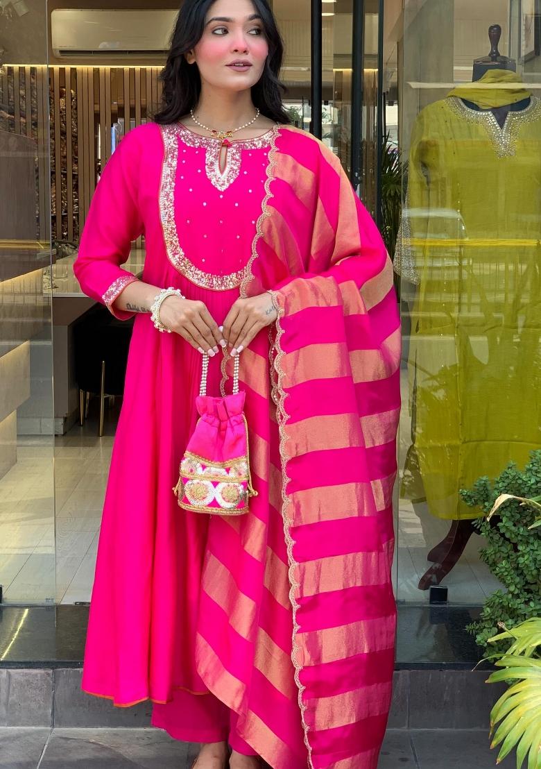 Pink Embroidery Cotton Kurta Set - Indya