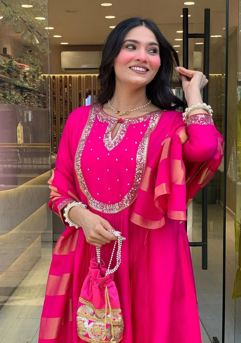 Pink Embroidery Cotton Kurta Set - Indya