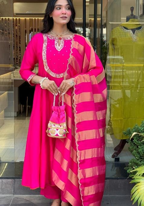 Pink Embroidery Cotton Kurta Set