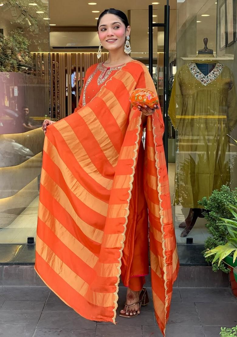 Rust Embroidery Cotton Kurta Set - Indya