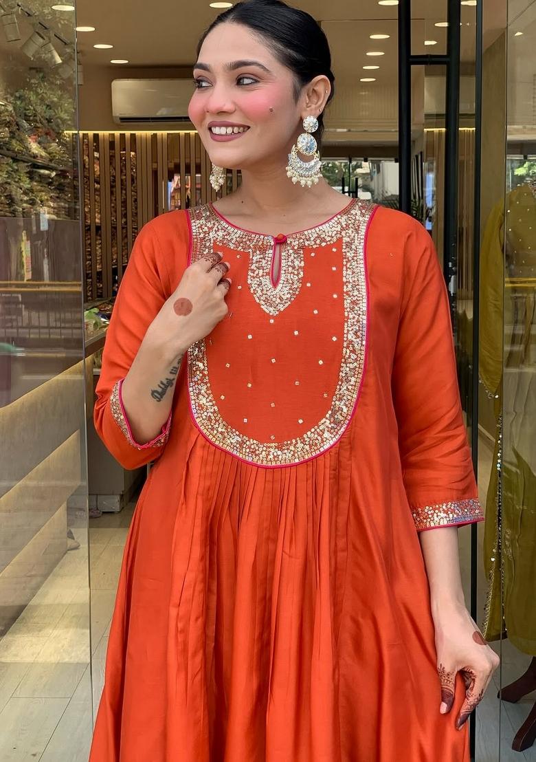 Rust Embroidery Cotton Kurta Set - Indya