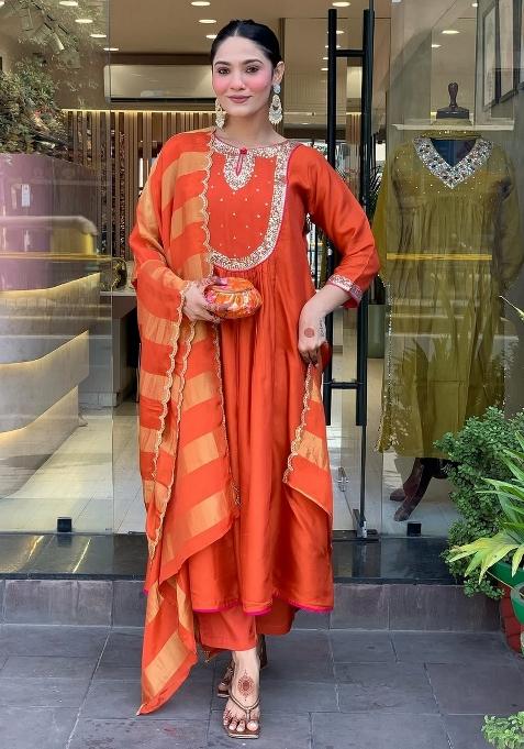 Rust Embroidery Cotton Kurta Set