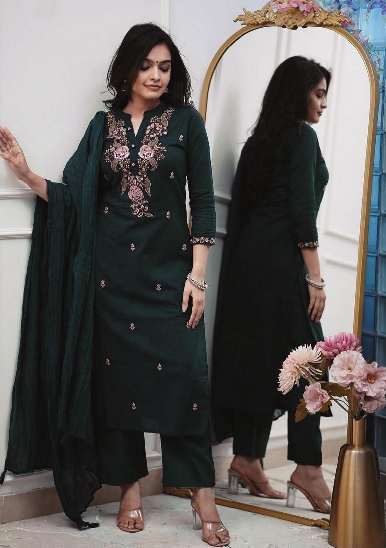 Green Embroidery Cotton Kurta Set - Indya
