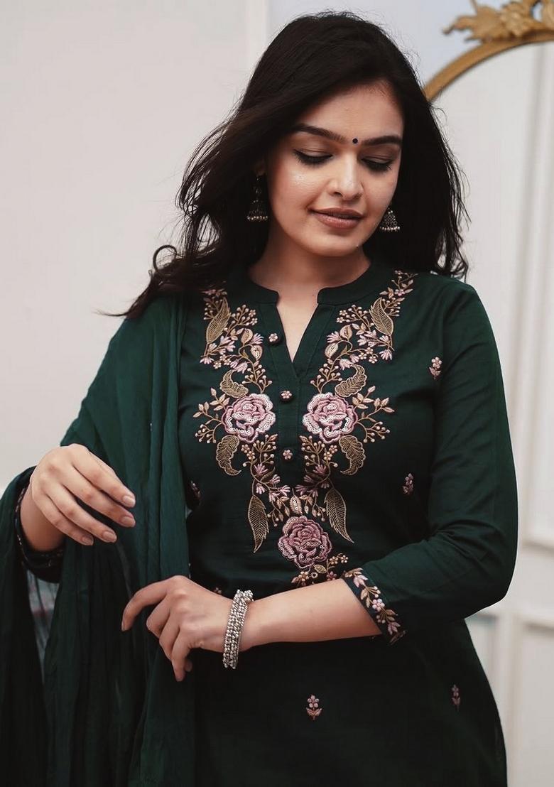 Green Embroidery Cotton Kurta Set - Indya