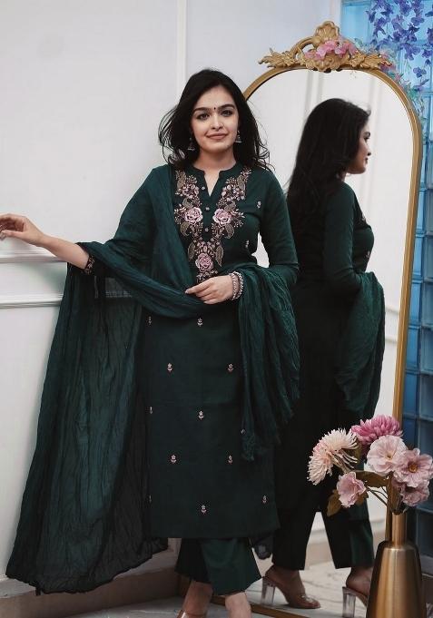 Green Embroidery Cotton Kurta Set