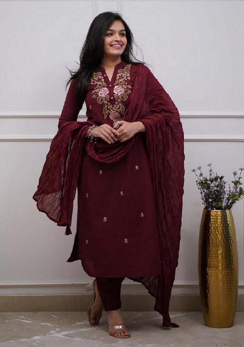 Maroon Embroidery Cotton Kurta Set - Indya