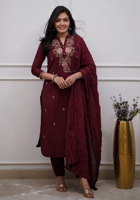 Maroon Embroidery Cotton Kurta Set