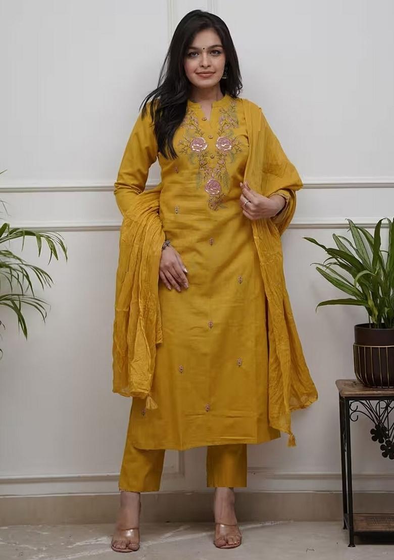 Mustard Embroidery Cotton Kurta Set - Indya