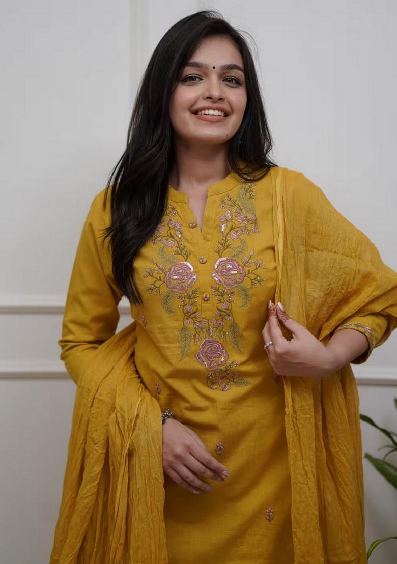 Mustard Embroidery Cotton Kurta Set - Indya