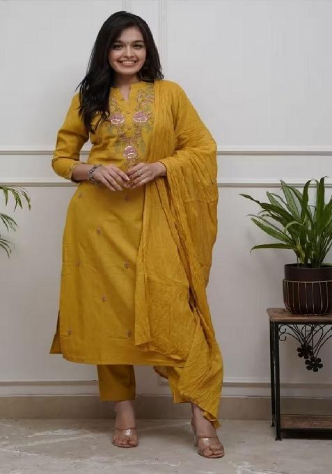Mustard Embroidery Cotton Kurta Set
