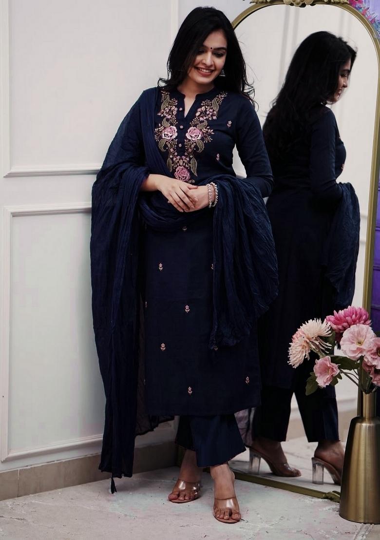 Navy Blue Embroidery Cotton Kurta Set - Indya