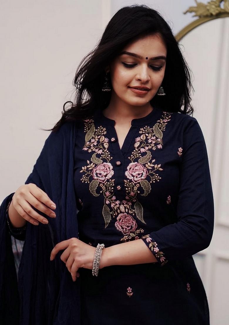 Navy Blue Embroidery Cotton Kurta Set - Indya