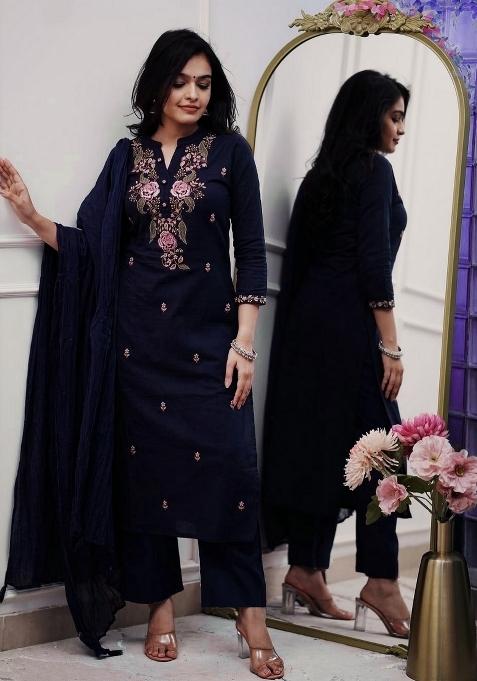 Navy Blue Embroidery Cotton Kurta Set