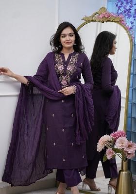 Wine Embroidery Cotton Kurta Set