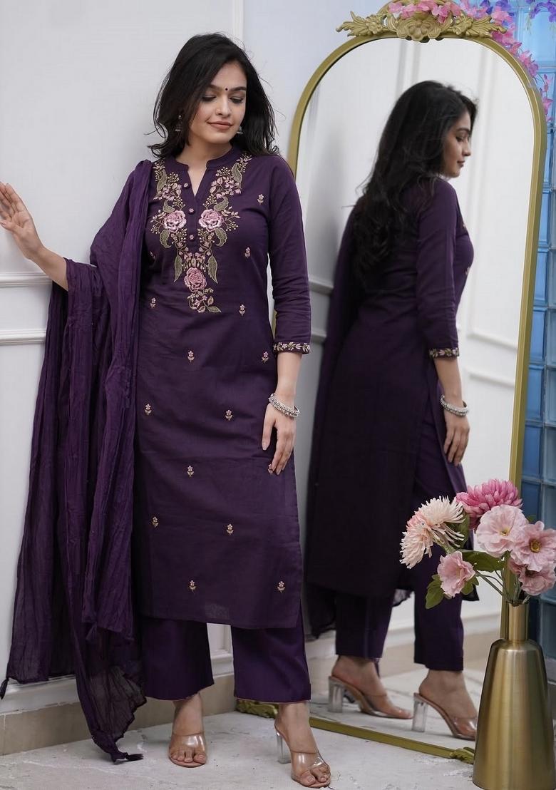 Wine Embroidery Cotton Kurta Set - Indya