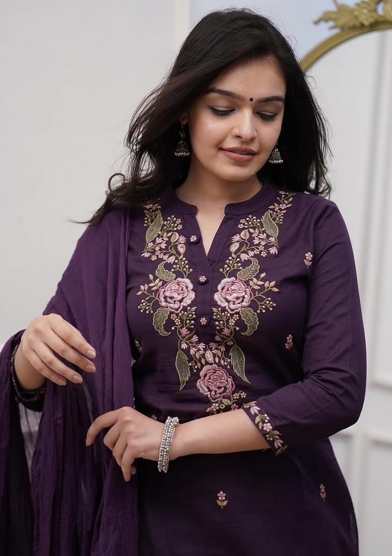 Wine Embroidery Cotton Kurta Set - Indya