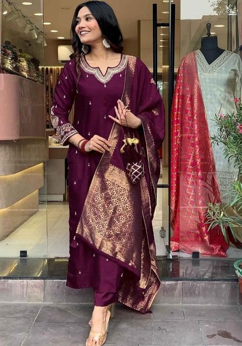 Burgundy Embroidery Cotton Kurta Set