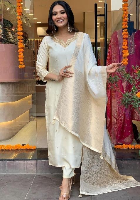 Cream Embroidery Cotton Kurta Set