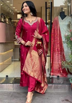 Maroon Embroidery Cotton Kurta Set