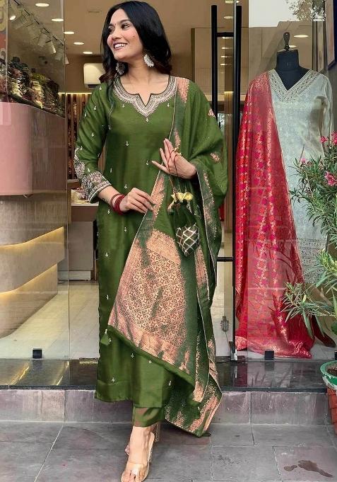 Green Embroidery Cotton Kurta Set