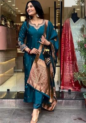 Teal Embroidery Cotton Kurta Set