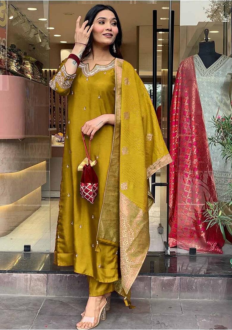 Mustard Embroidery Cotton Kurta Set - Indya