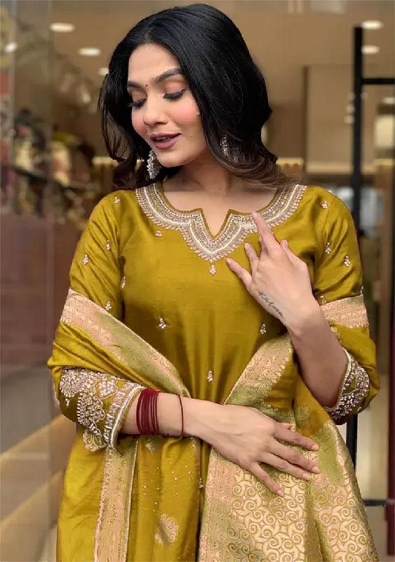 Mustard Embroidery Cotton Kurta Set - Indya