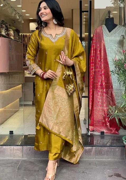 Mustard Embroidery Cotton Kurta Set