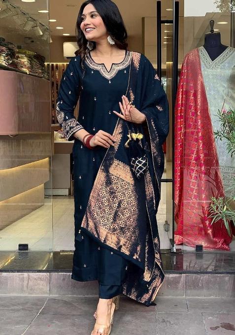 Navy Blue Embroidery Cotton Kurta Set