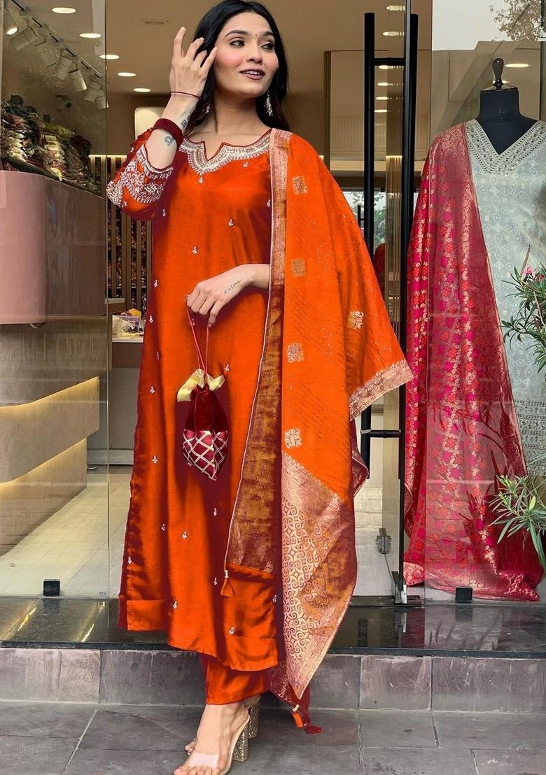 Rust Embroidery Cotton Kurta Set - Indya