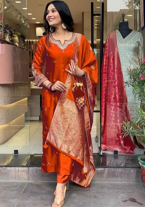 Rust Embroidery Cotton Kurta Set