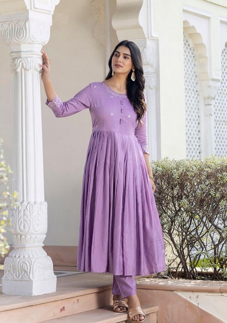 Lavender Embroidery Rayon Kurta Set - Indya