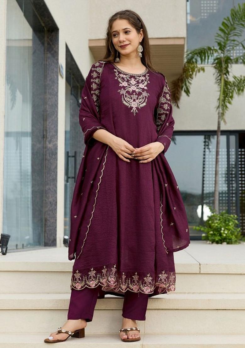 Wine Embroidery Silk Kurta Set - Indya