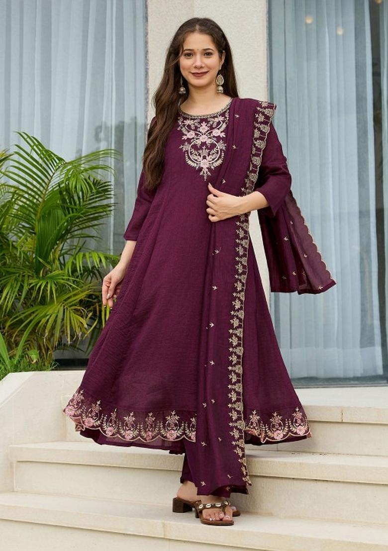 Wine Embroidery Silk Kurta Set - Indya