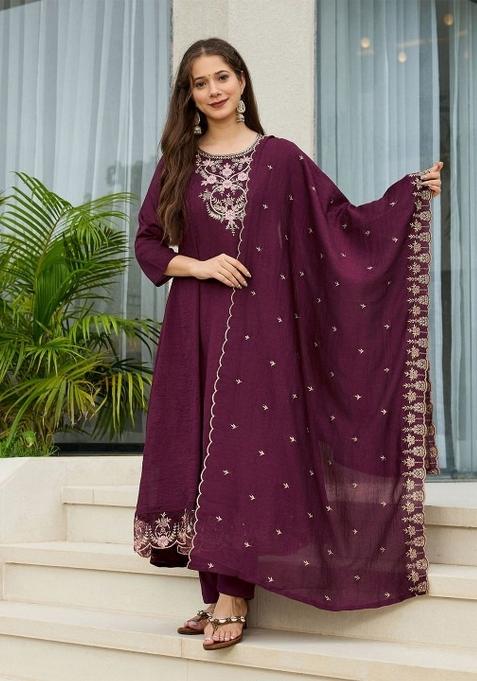Wine Embroidery Silk Kurta Set