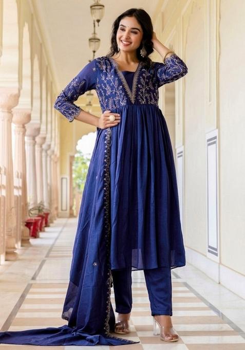 Blue Embroidery Silk Kurta Set