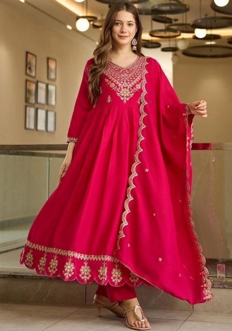 Pink Embroidery Silk Kurta Set