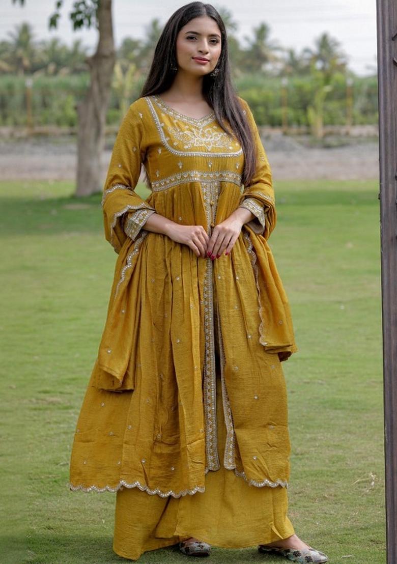 Mustard Embroidery Silk Kurta Set - Indya